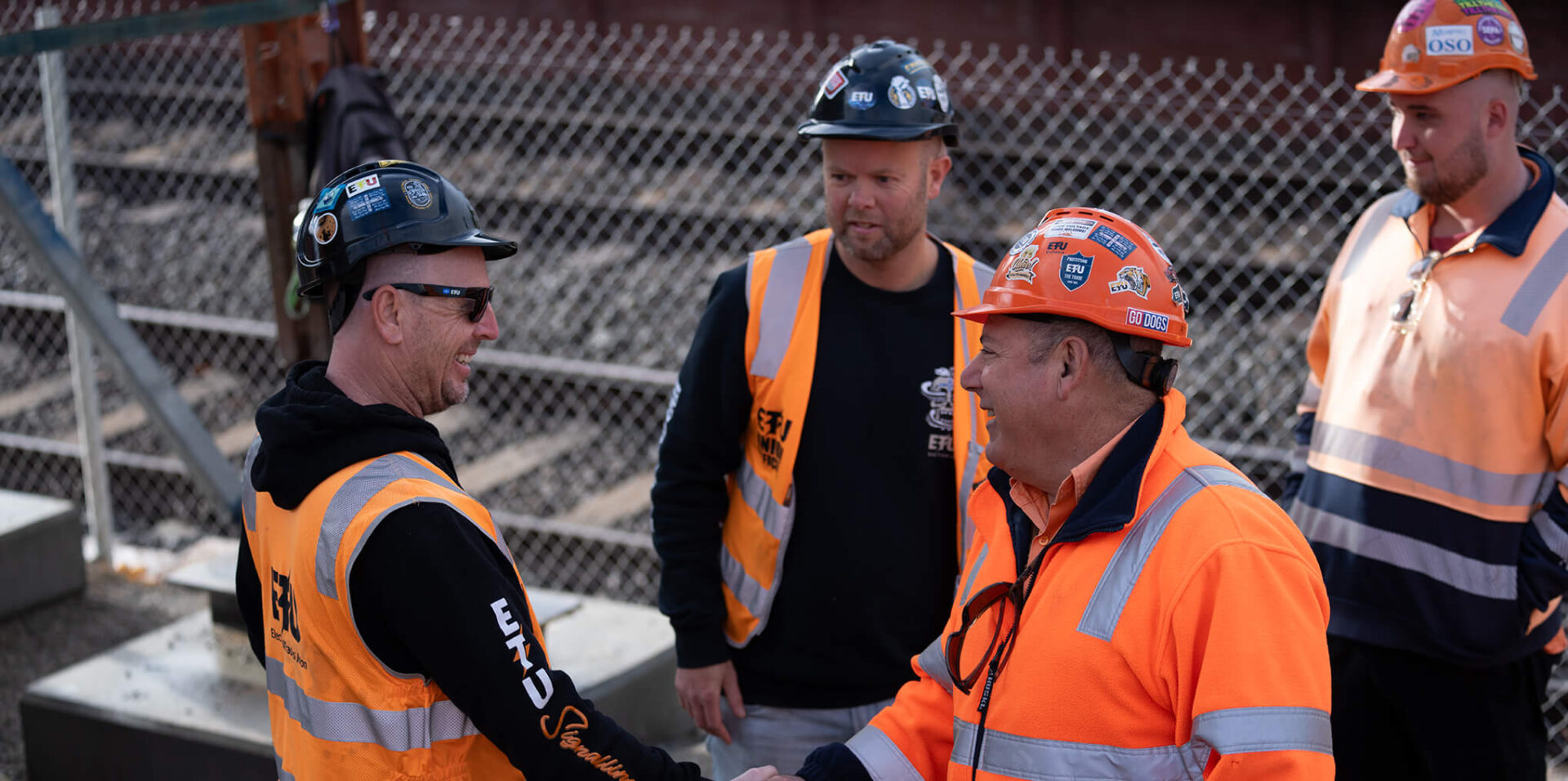 Electrical Trades Union Organisers on site Electrical Trades Union Organisers Mark Connely (Black Helmet left) and John Islip (Black helmet centre of frame) on site