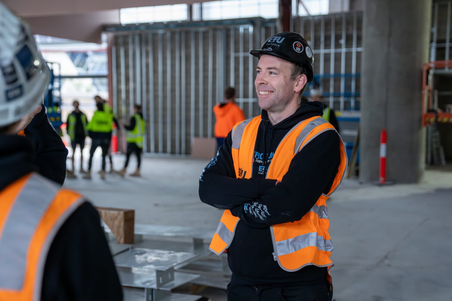 Electrical Trades Union (ETU) of Victoria Organiser Tom Williams Electrical Trades Union (ETU) of Victoria Organiser Tom Williams on jobsite speaking to members in Melbourne CBD site.