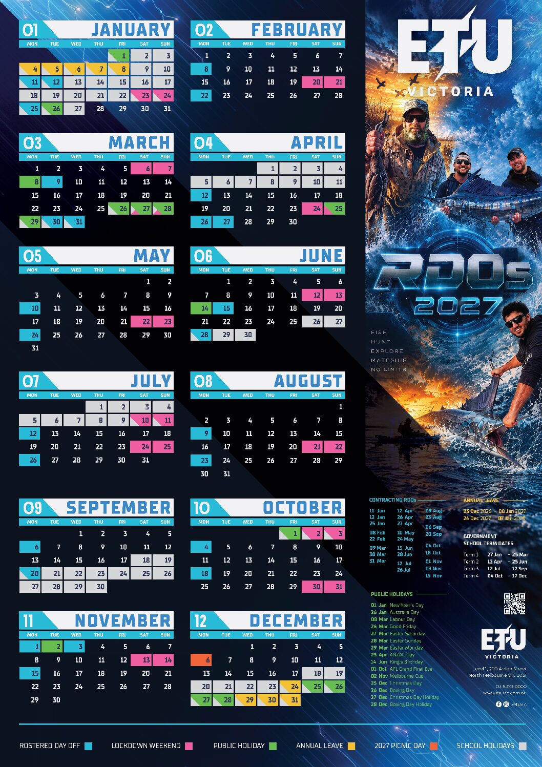 ETU 2027 RDO calendar showing Contracting RDOs, lockdown weekends, public holidays, annual leave, Picnic Day and school holidays